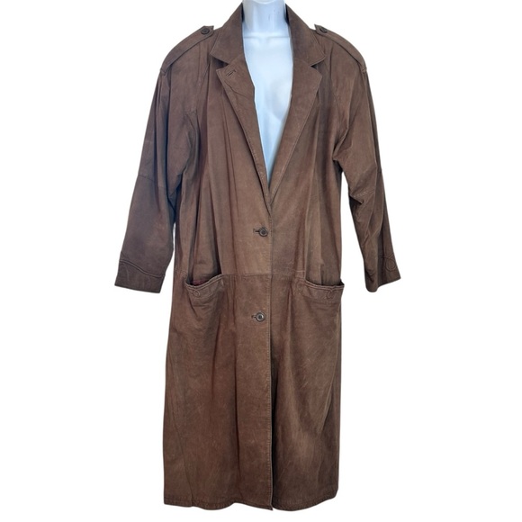 Split Ends 90s Brown Leather Duster Trench Coat size L - Picture 1 of 14